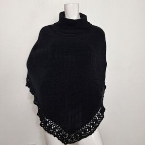 Newport News Black Super Soft Turtleneck Bohemian Crochet Hem Sweater Poncho O/S
